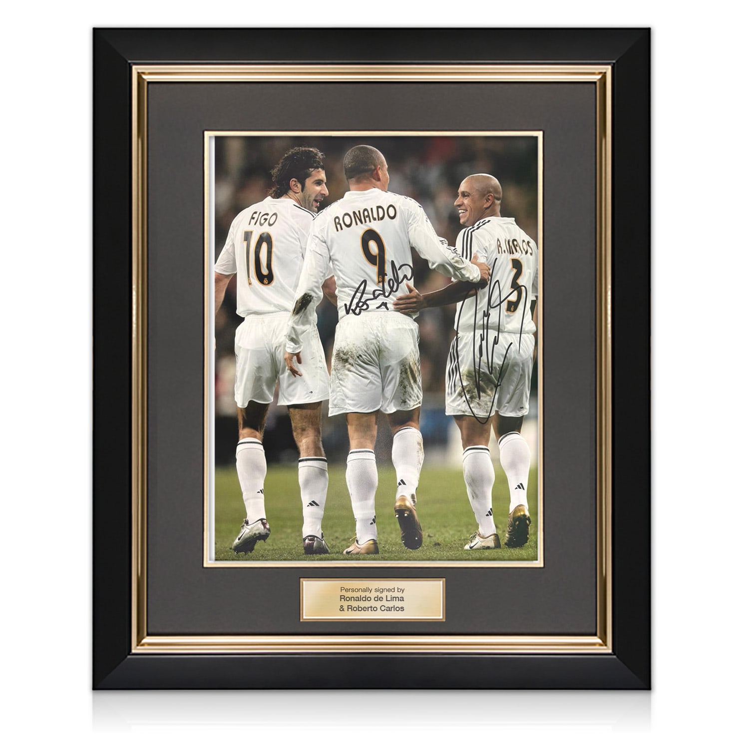 Ronaldo de Lima & Roberto Carlos Signed Real Madrid Football Photo: 3 Amigos. Deluxe Framed