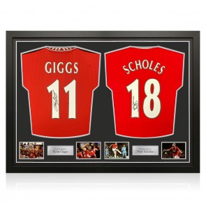 Ryan Giggs And Paul Scholes Signed Manchester United 2022-23 Football Shirts. Dual Frame