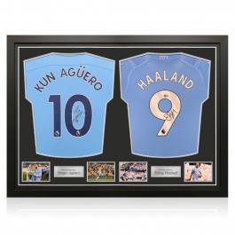 Sergio Aguero And Erling Haaland Signed Manchester City Football Shirts. Dual Frame