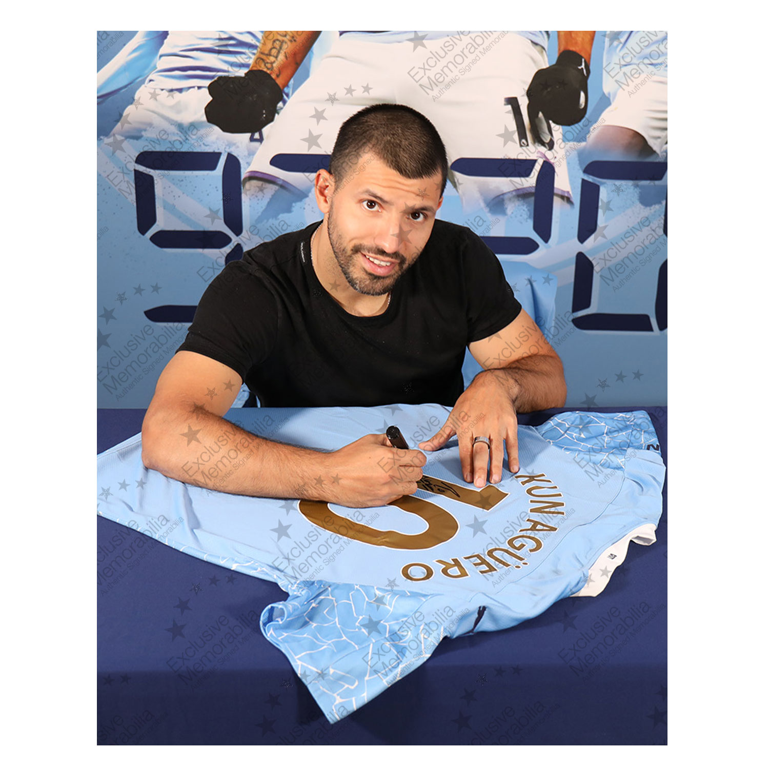 Sergio Aguero Signed Manchester City 2020-21 Home Football Shirt. Standard Frame
