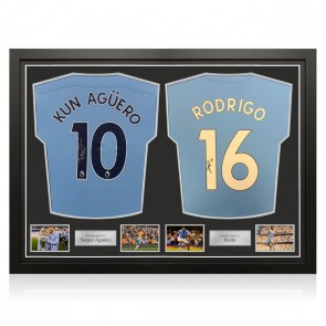 Sergio Aguero And Rodri Signed Manchester City Football Shirts. Dual Frame