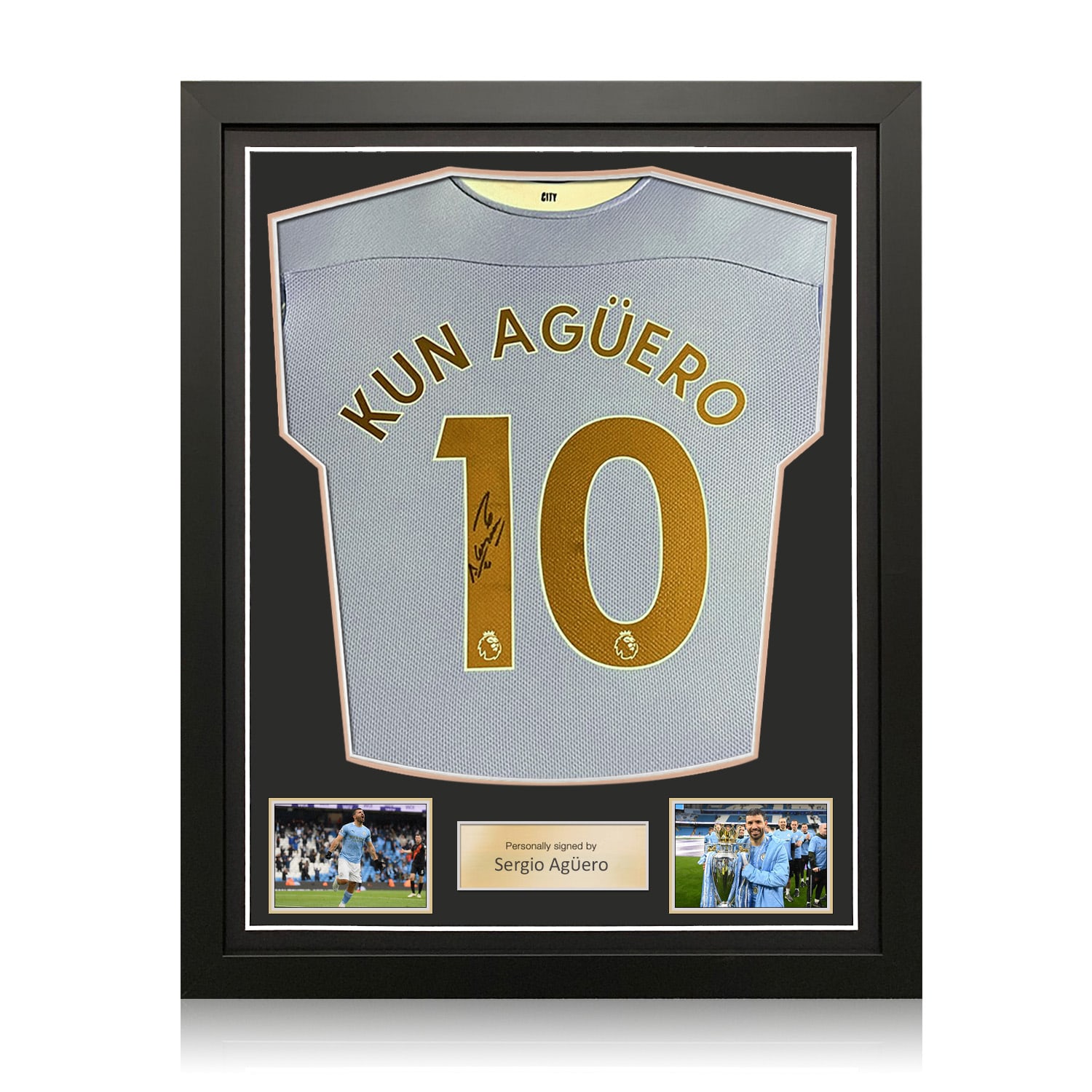 Sergio Aguero Signed Manchester City 2020-21 Home Football Shirt. Standard Frame