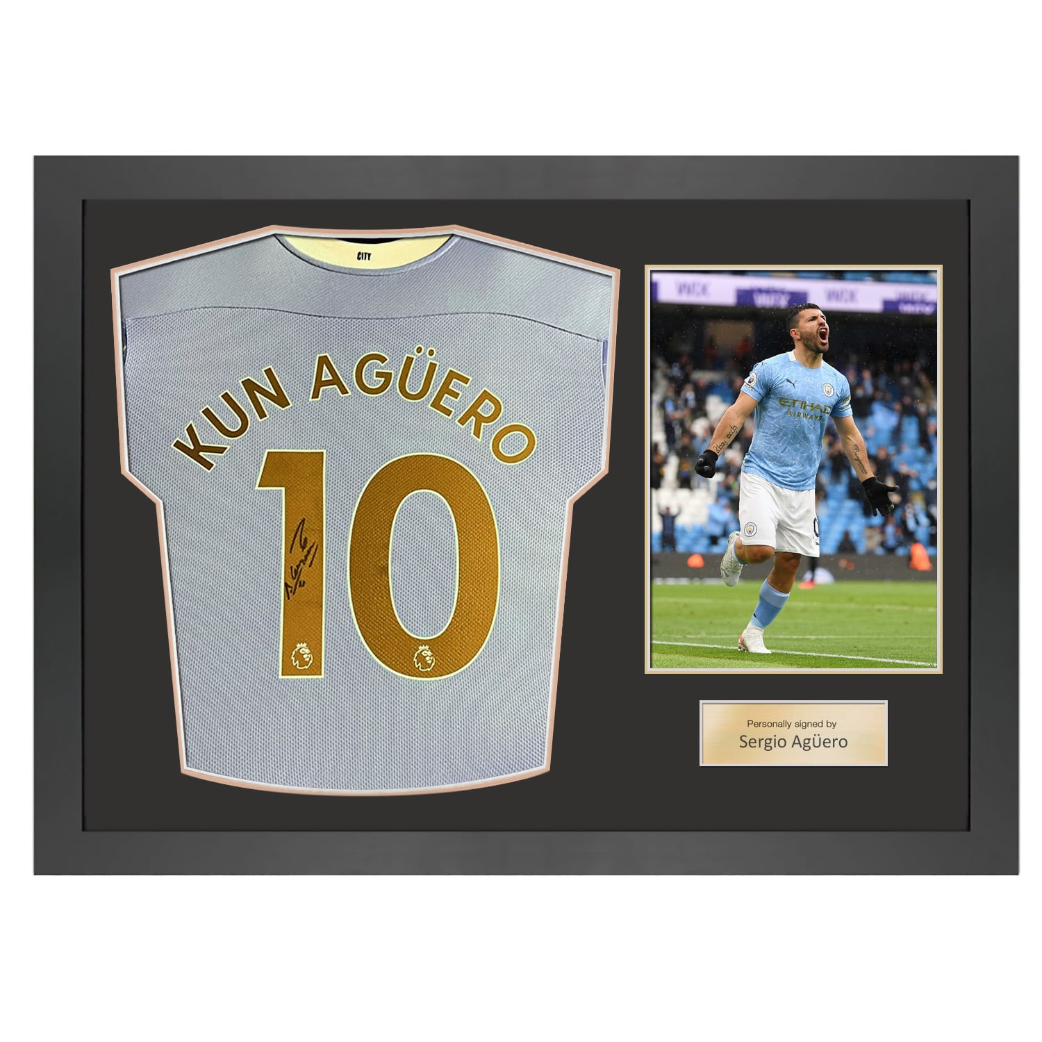 Sergio Aguero Signed Manchester City 2020-21 Home Football Shirt. Icon Frame