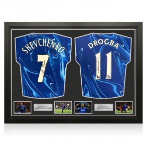 Andriy Shevchenko & Didier Drogba Signed Chelsea Football Shirts. Dual Frame