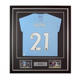 David Silva Signed Manchester City 2019-20 Football Shirt. Deluxe Frame