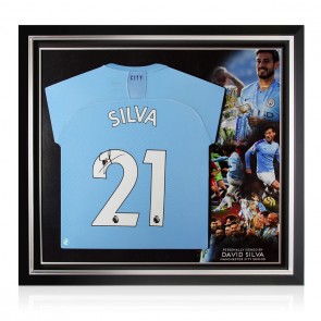 David Silva Signed Manchester City 2019-20 Football Shirt. Premium Frame