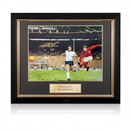 Sir Geoff Hurst Signed England Football Photo: 1966 Final Goal (Gold). Deluxe Frame