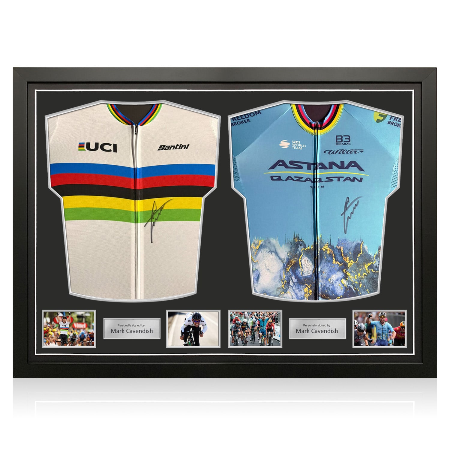 Sir Mark Cavendish Signed UCI World Championship & Astana Cycling Jerseys. Dual Frame