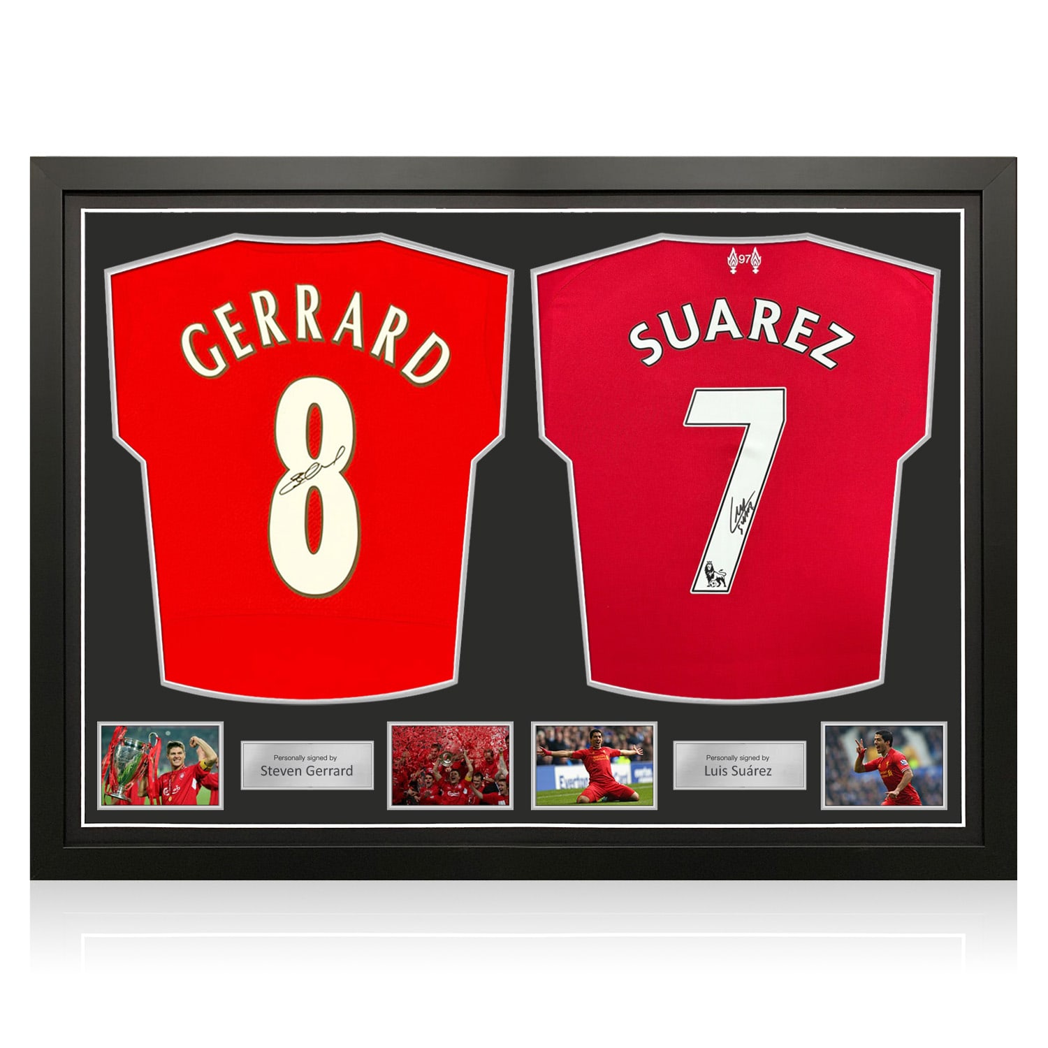 Steven Gerrard & Luis Suarez Signed Liverpool Football Shirts. Dual Frame