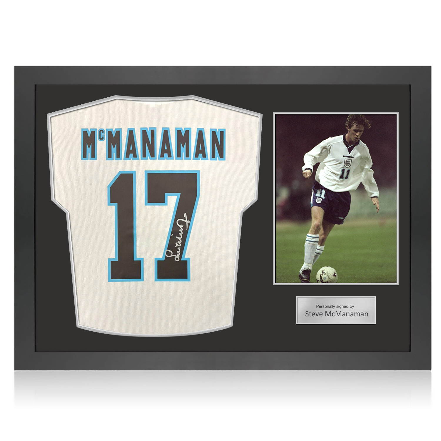 Steve McManaman Signed England 1996 Home Football Shirt. Icon Frame