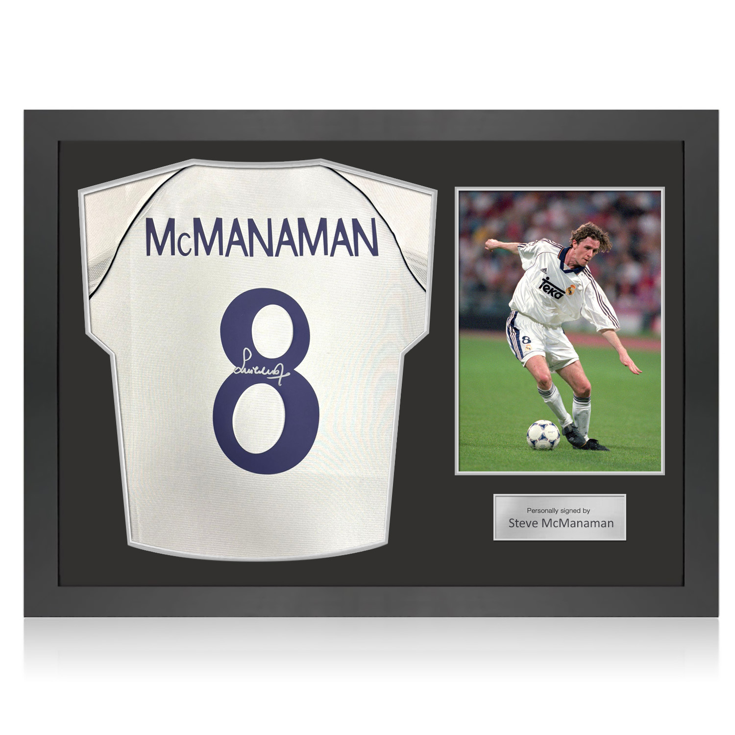 Steve McManaman Signed Real Madrid 1999-2000 Home Football Shirt. Icon Frame
