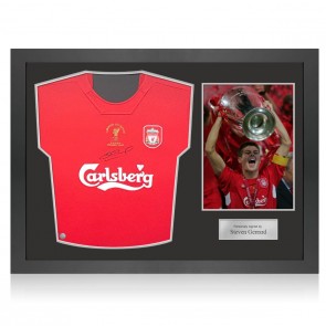 Steven Gerrard Signed 2005 Liverpool Football Shirt. Icon Frame