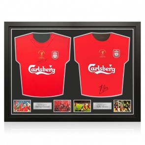 Steven Gerrard & Xabi Alonso Signed Liverpool 2005 Football Shirts. Dual Frame