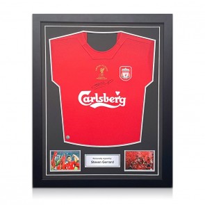 Steven Gerrard Signed 2005 Liverpool Football Shirt. Standard Frame