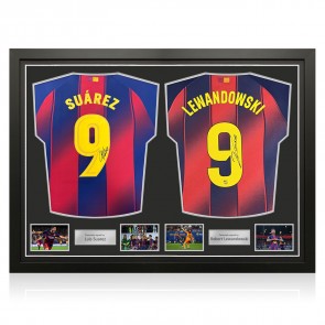 Luis Suarez & Robert Lewandowski Signed Barcelona 2025-26 Football Shirts. Dual Frame