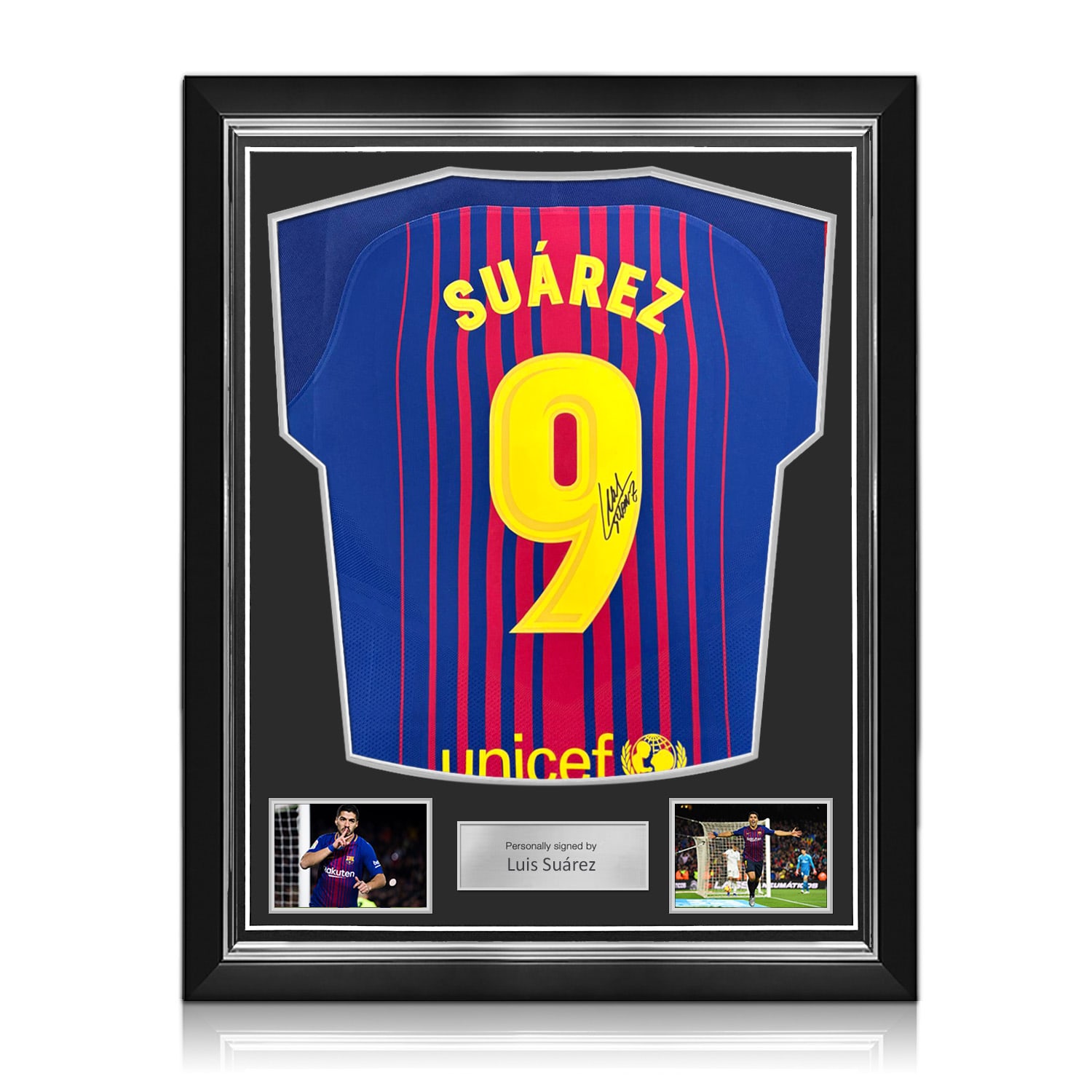 Luis Suarez Signed Original Authentic Barcelona 2017-18 Home Football Shirt (Fan Print). Superior Frame