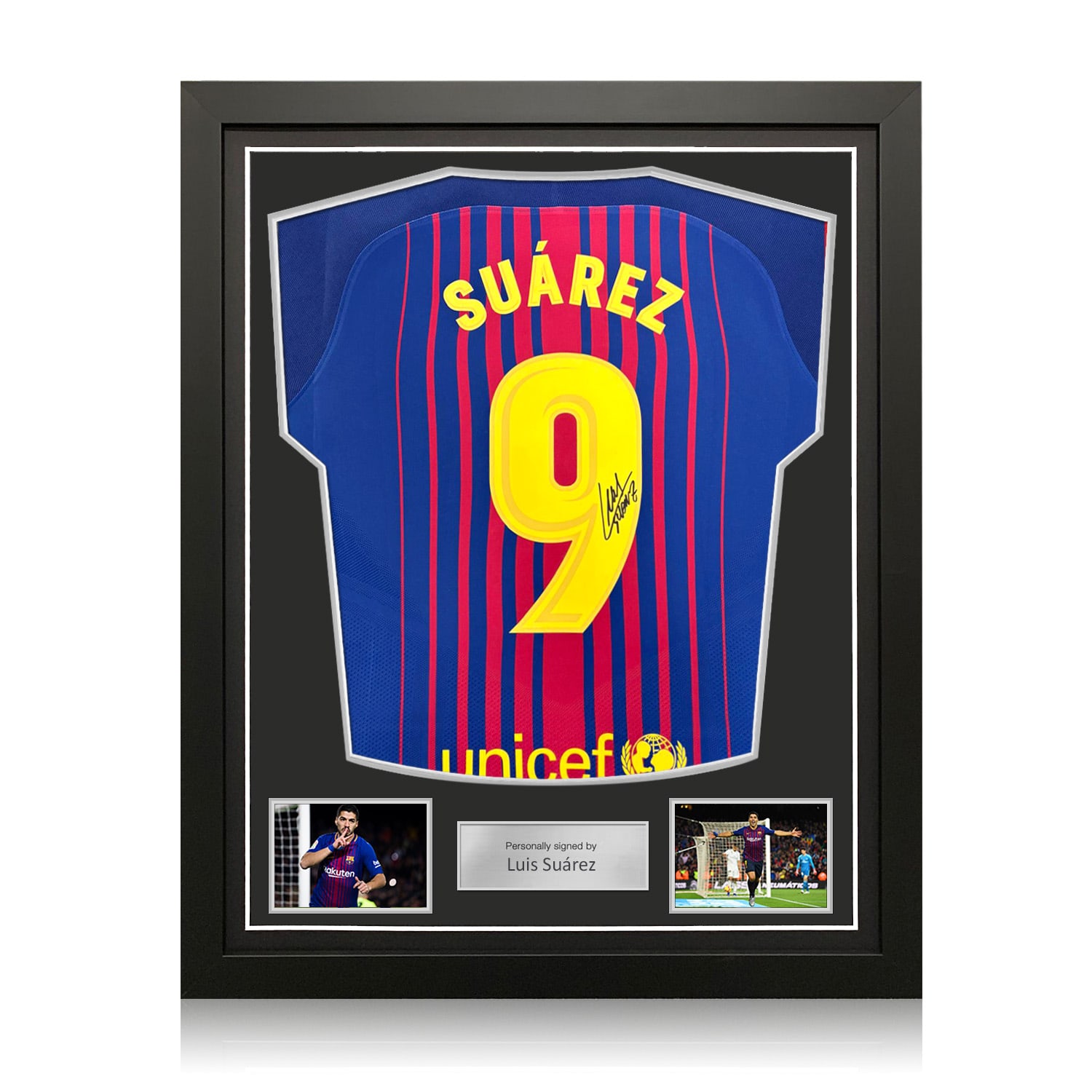 Luis Suarez Signed Original Authentic Barcelona 2017-18 Home Football Shirt (Fan Print). Standard Frame