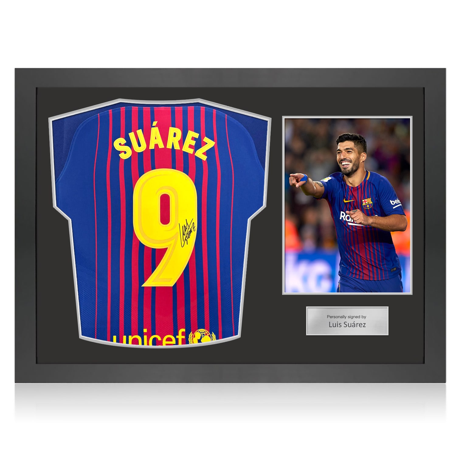 Luis Suarez Signed Original Authentic Barcelona 2017-18 Home Football Shirt (Fan Print). Icon Frame