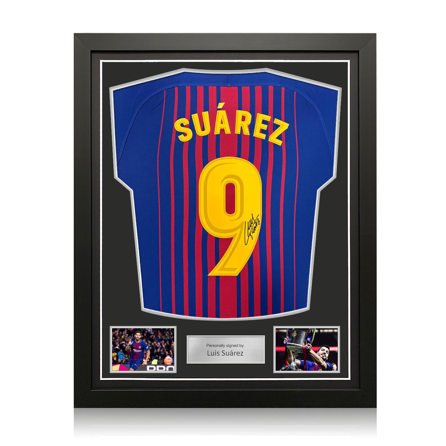 Luis Suarez Signed Original Barcelona 2017-18 Home Football Shirt (Fan Style Print). Standard Frame