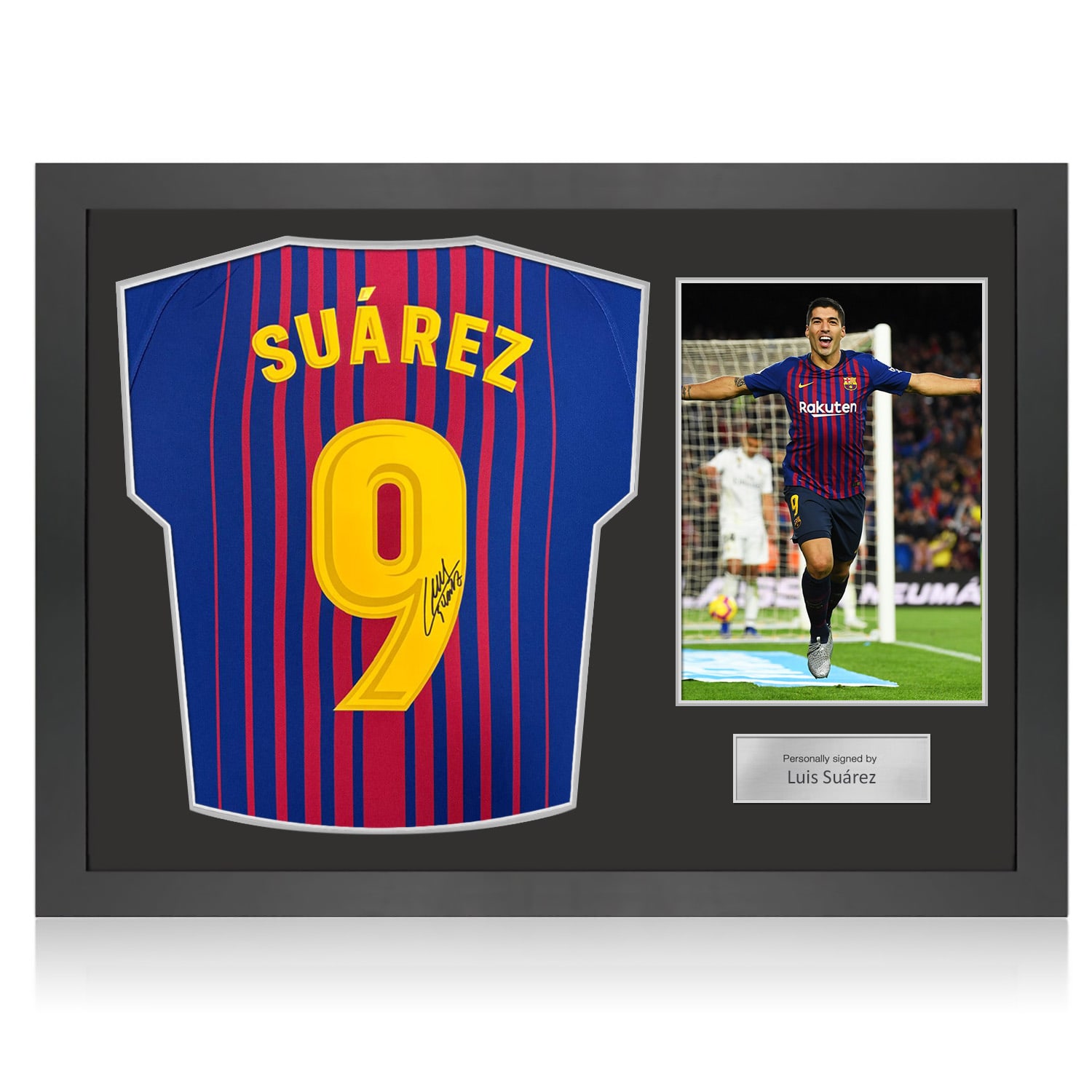 Luis Suarez Signed Original Barcelona 2017-18 Home Football Shirt (Fan Style Print). Icon Frame
