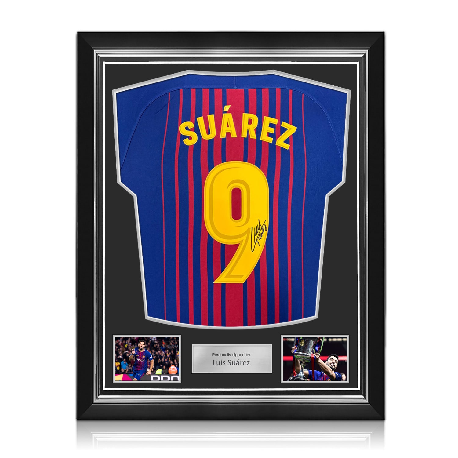 Luis Suarez Signed Original Barcelona 2017-18 Home Football Shirt (Fan Style Print). Superior Frame