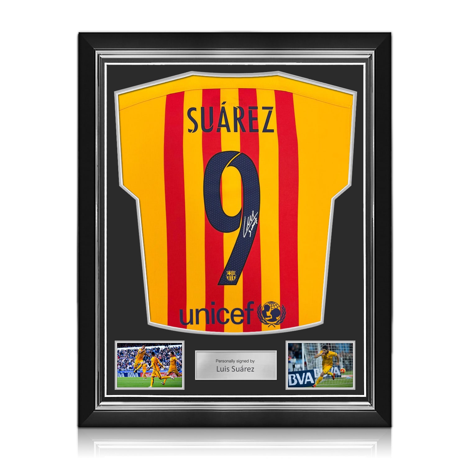 Luis Suarez Signed Original Barcelona 2015-16 Away Football Shirt (Original Print). Superior Frame