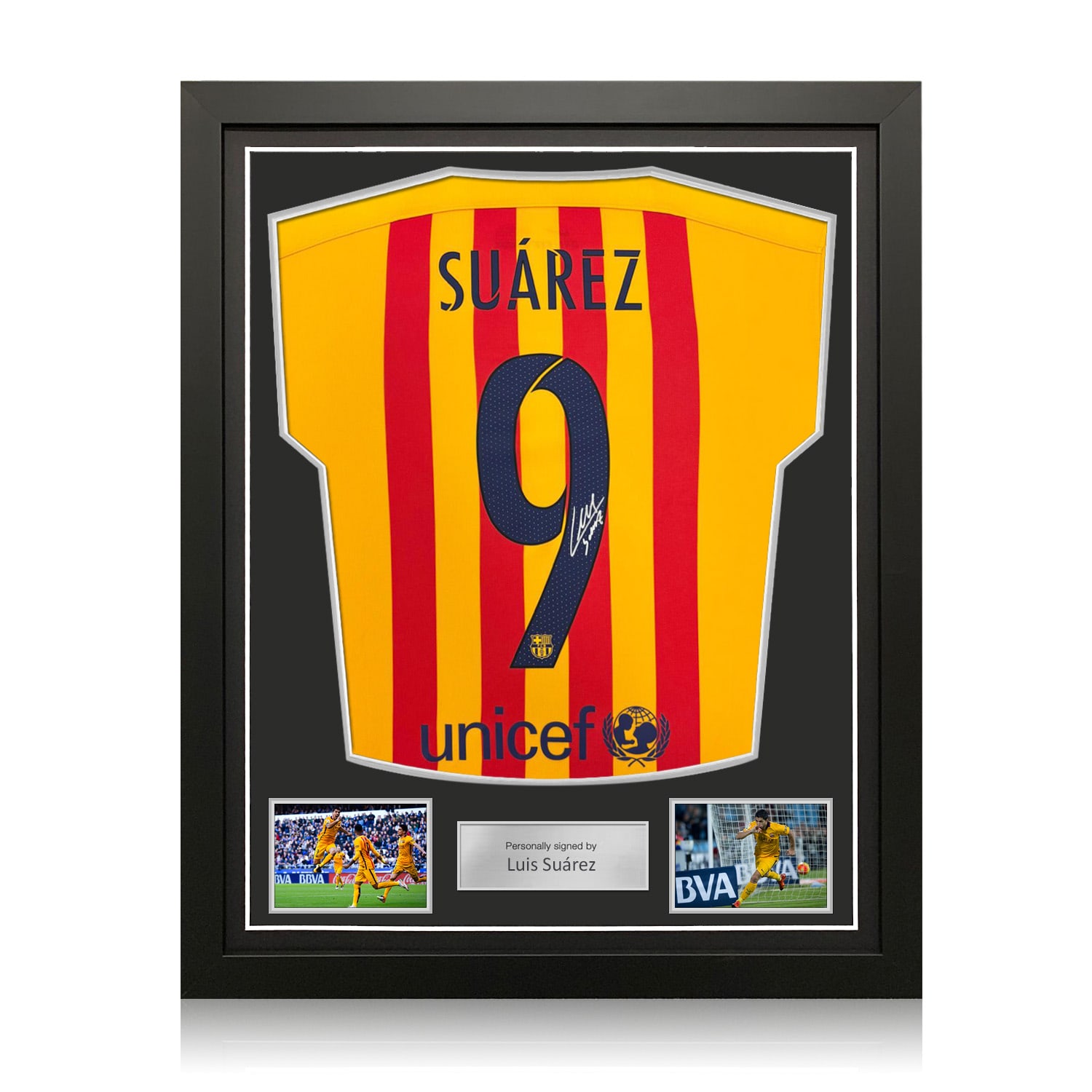 Luis Suarez Signed Original Barcelona 2015-16 Away Football Shirt (Original Print). Standard Frame
