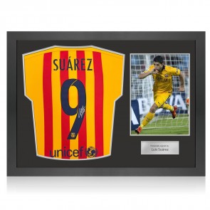 Luis Suarez Signed Original Barcelona 2015-16 Away Football Shirt (Original Print). Icon Frame