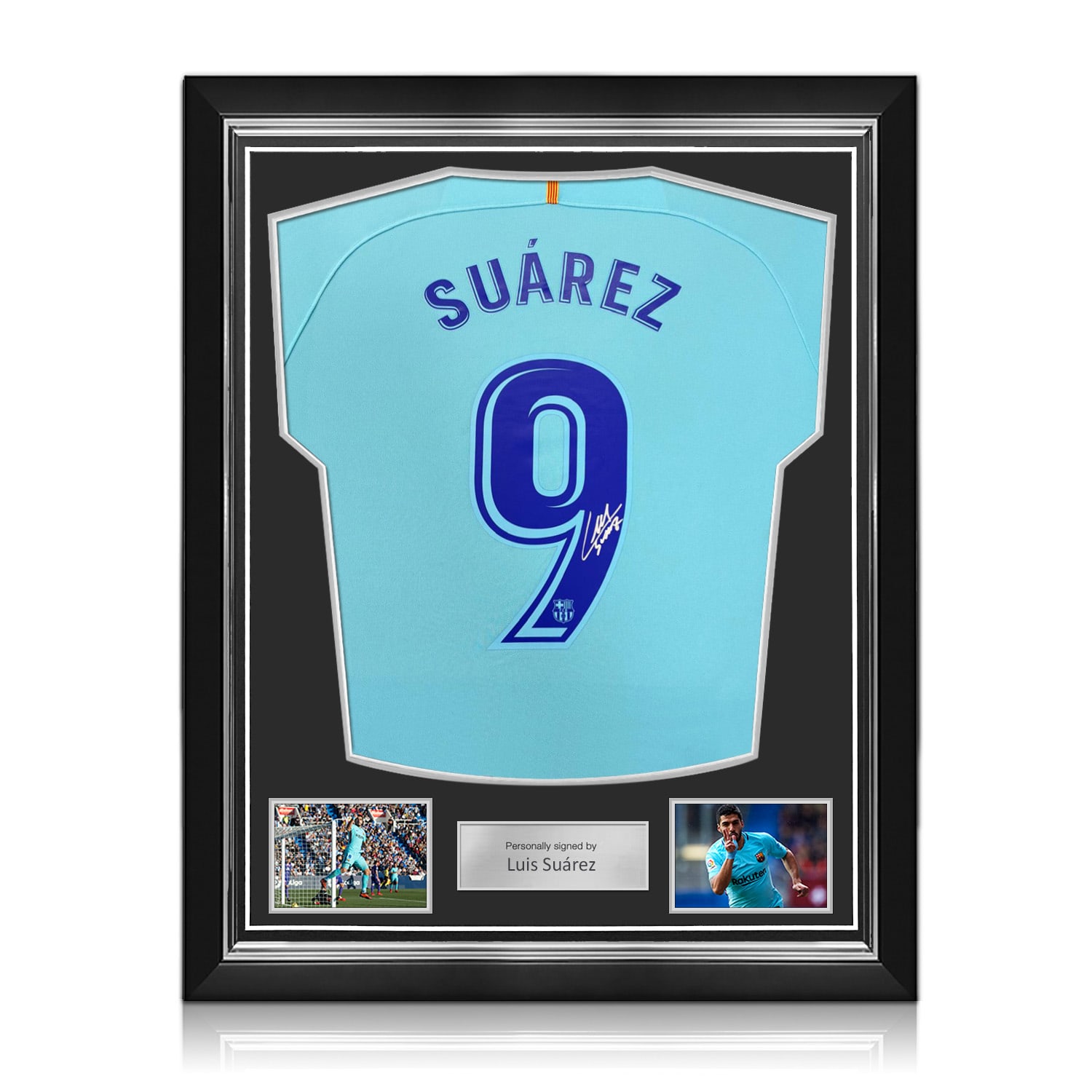 Luis Suarez Signed Original Barcelona 2017-18 Away Football Shirt (Original Print). Superior Frame