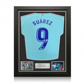 Luis Suarez Signed Original Barcelona 2017-18 Away Football Shirt (Original Print). Standard Frame