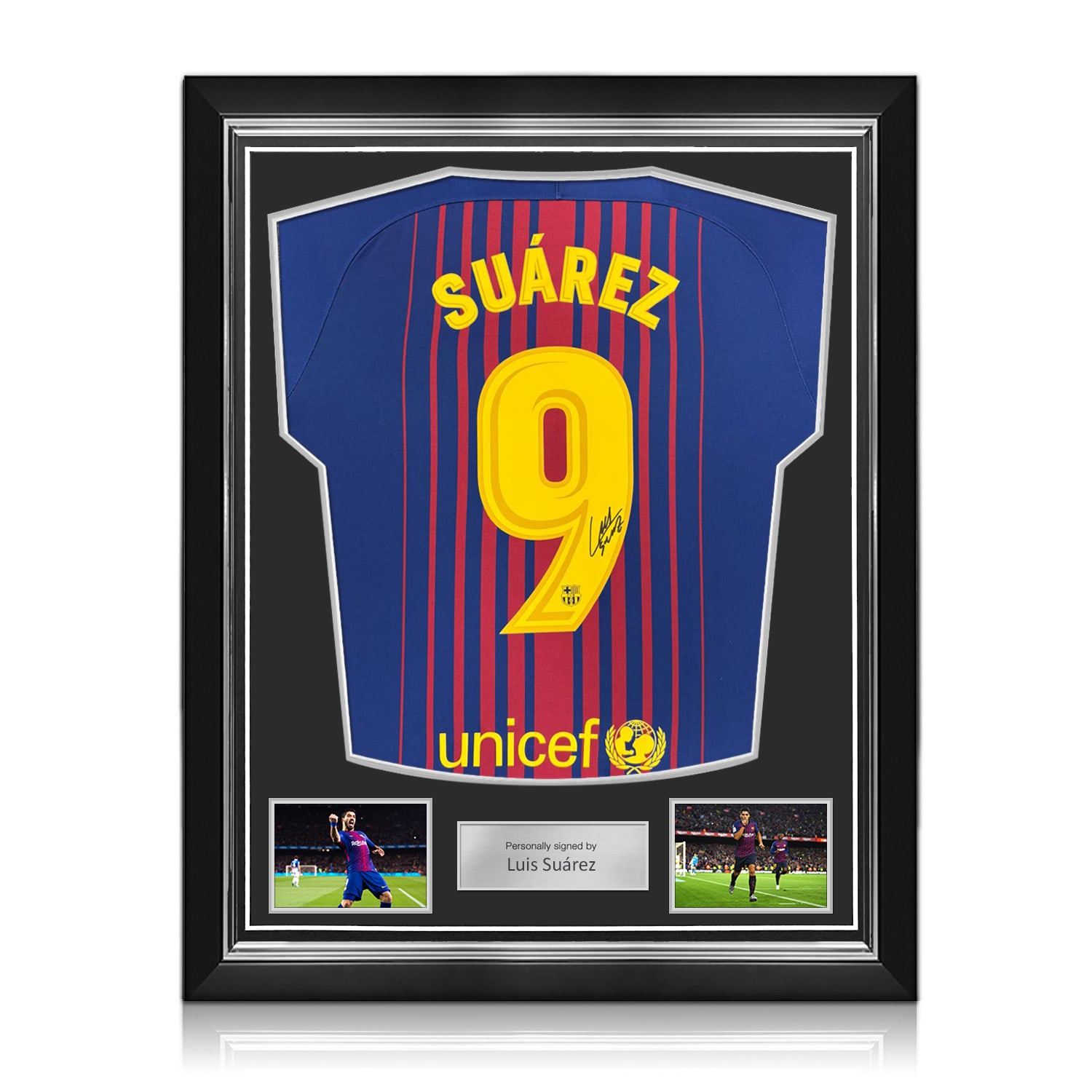 Luis Suarez Signed Original Barcelona 2017-18 Home Football Shirt (Original Print). Superior Frame