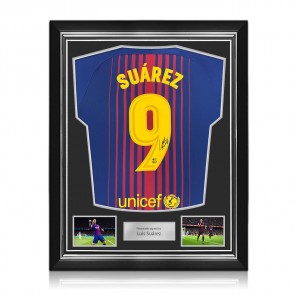 Luis Suarez Signed Original Barcelona 2017-18 Home Football Shirt (Original Print). Superior Frame