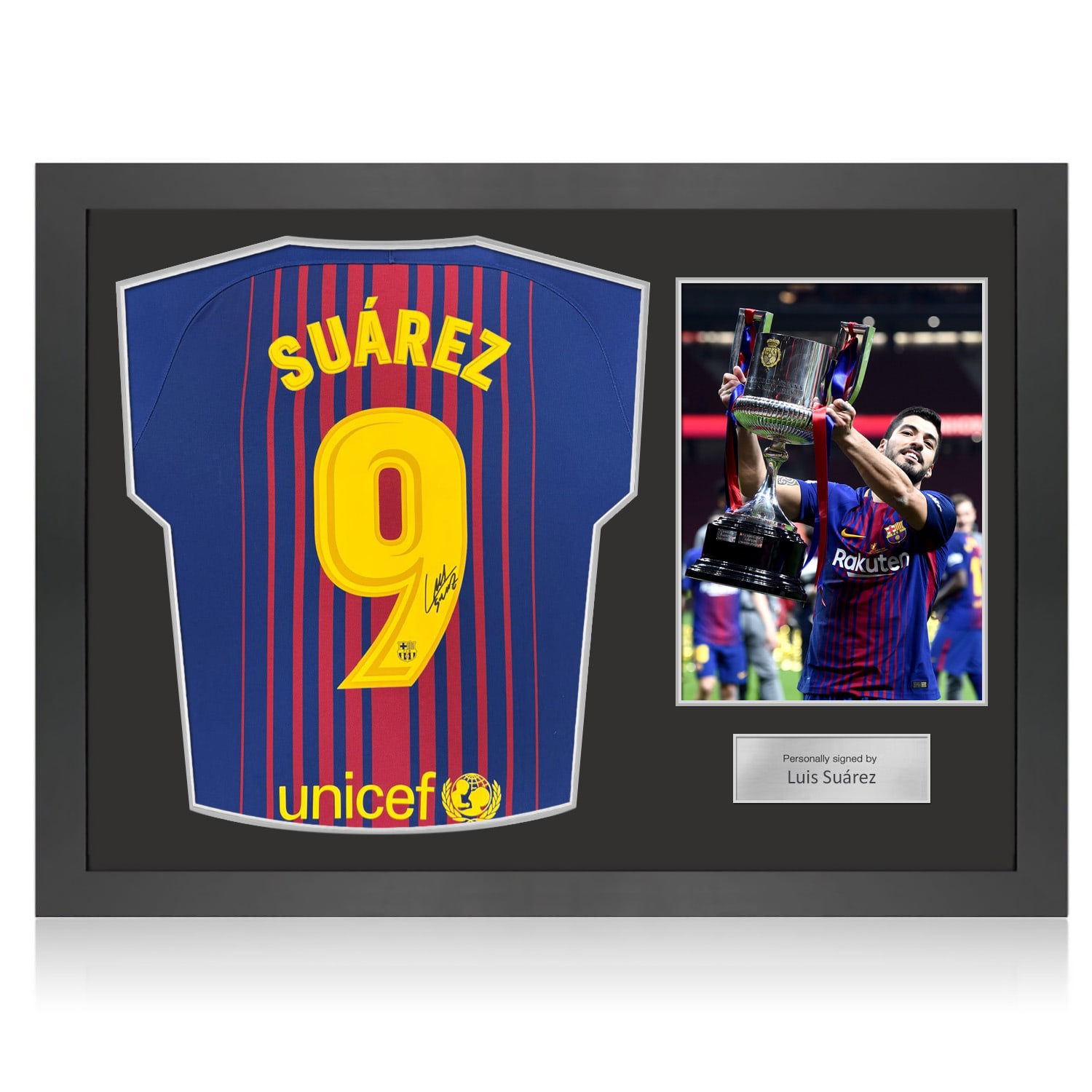 Luis Suarez Signed Original Barcelona 2017-18 Home Football Shirt (Original Print). Icon Frame