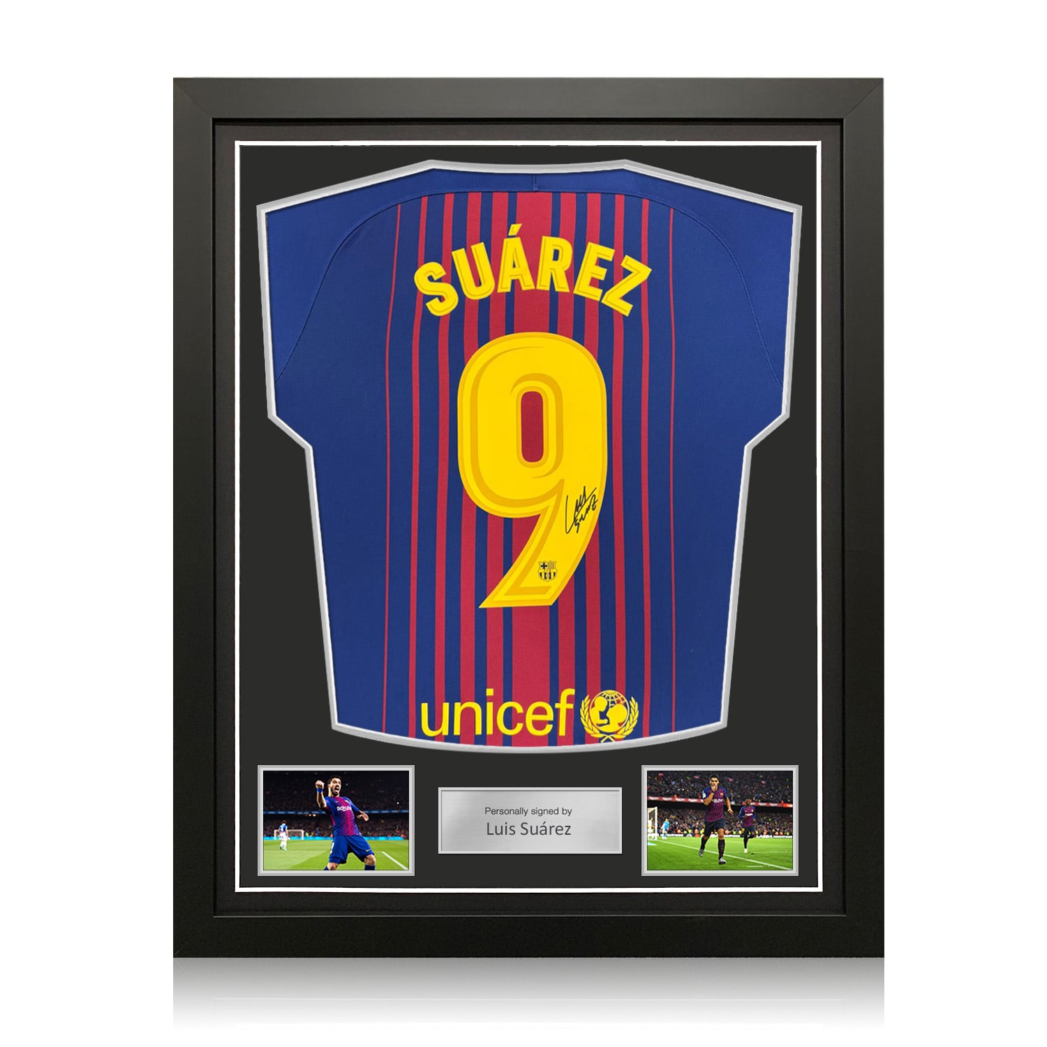 Luis Suarez Signed Original Barcelona 2017-18 Home Football Shirt (Original Print). Standard Frame