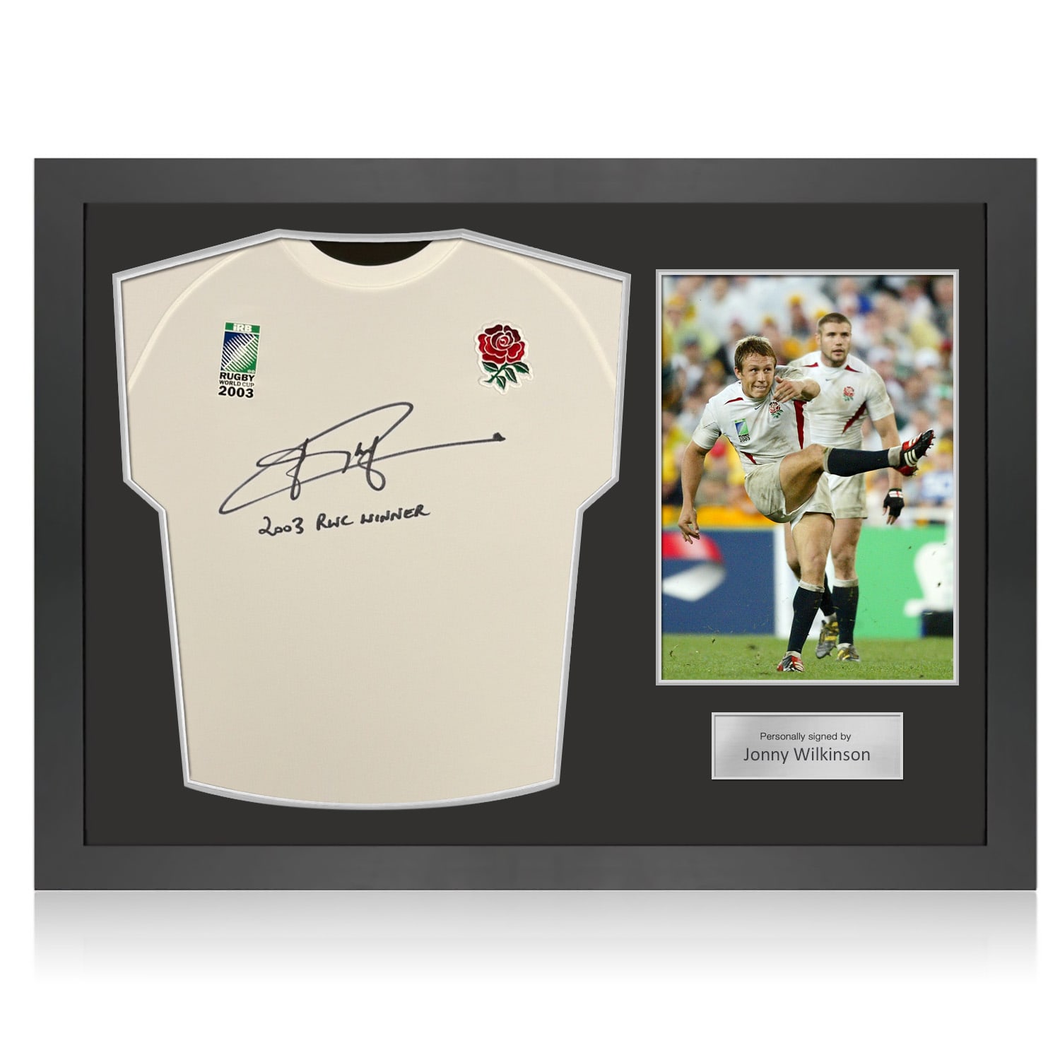Jonny Wilkinson Signed Commemorative Champions '03 England Rugby Shirt: RWC 2003 Winner Inscription. Icon Frame