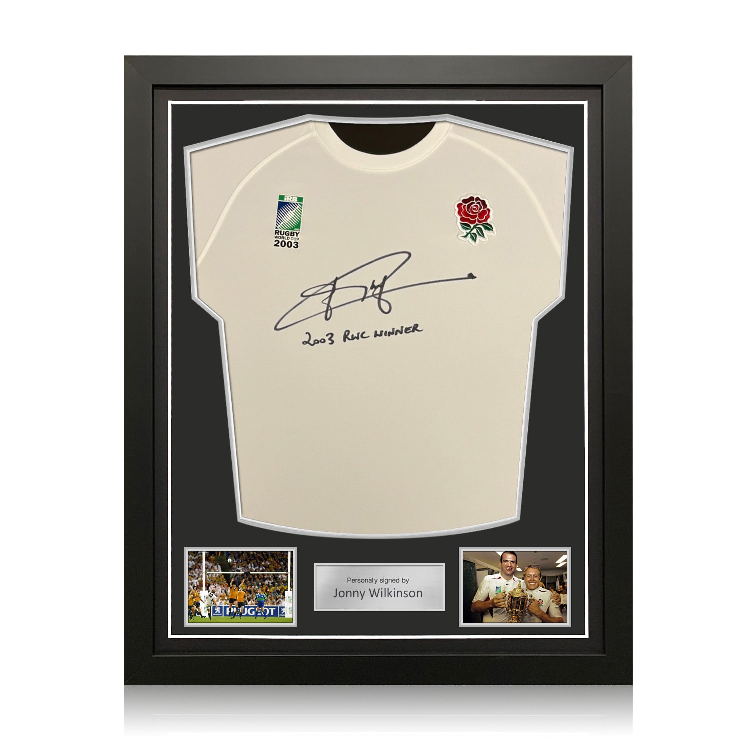 Jonny Wilkinson Signed Commemorative Champions '03 England Rugby Shirt: RWC 2003 Winner Inscription. Standard Frame