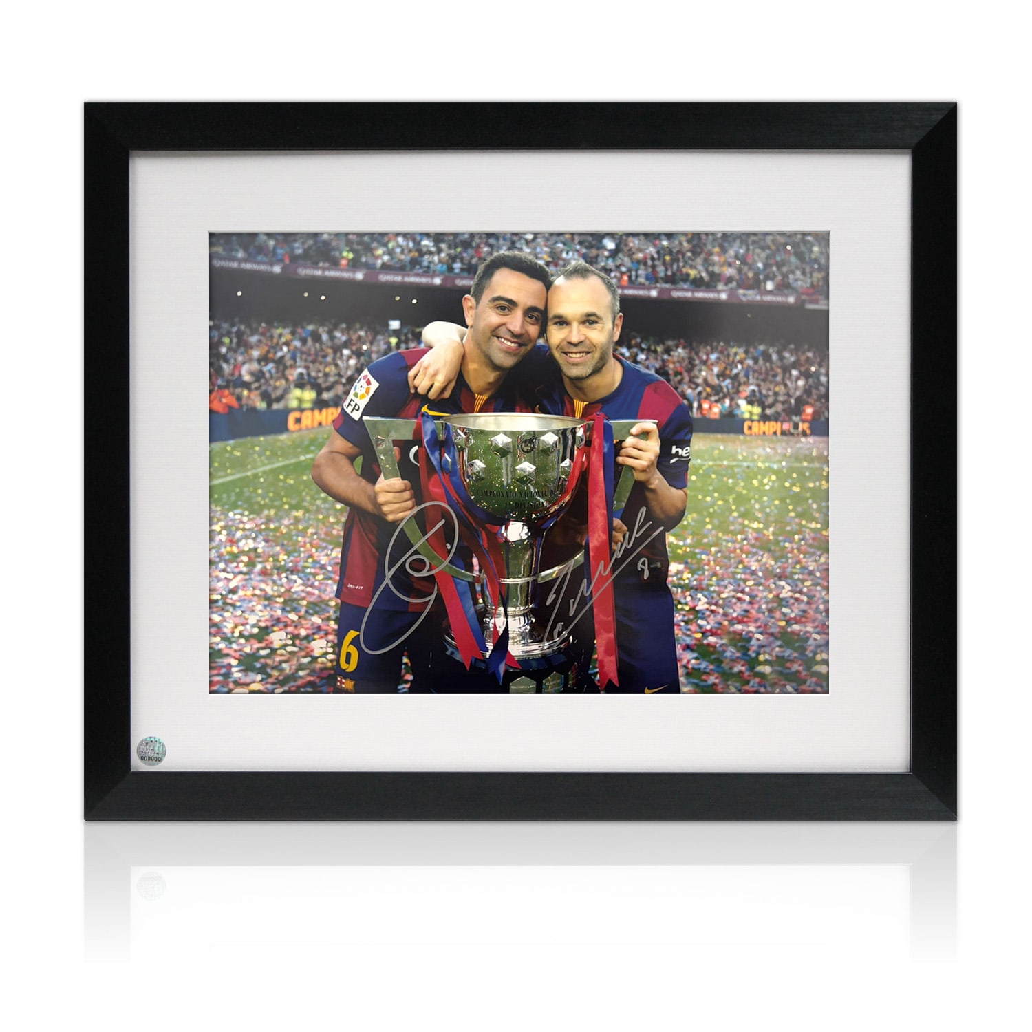 Andres Iniesta and Xavi Hernandez Signed Barcelona Football Photo. Framed