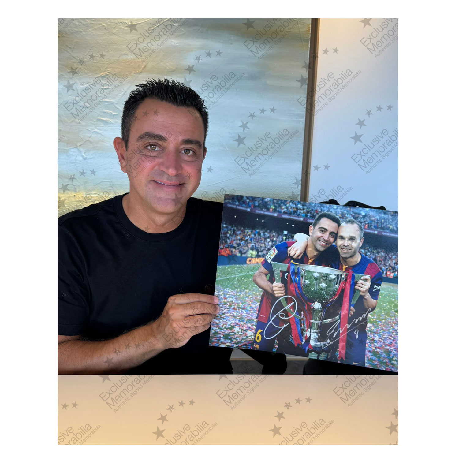 Andres Iniesta and Xavi Hernandez Signed Barcelona Football Photo. Deluxe Frame
