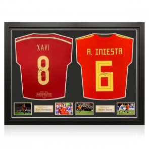 Xavi Hernandez And Andres Iniesta Signed Spain Football Shirts. Dual Frame