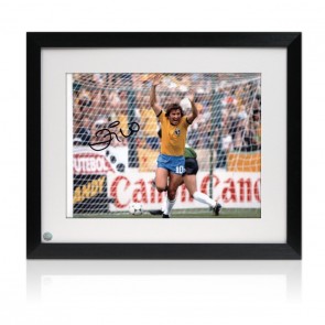 Zico Signed Brazil Football Photo: 1982 Goal. Framed