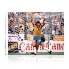 Zico Signed Brazil Football Photo: 1982 Goal