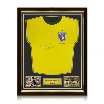 Zico Front Signed Brazil 1982 Retro Football Shirt. Superior Frame