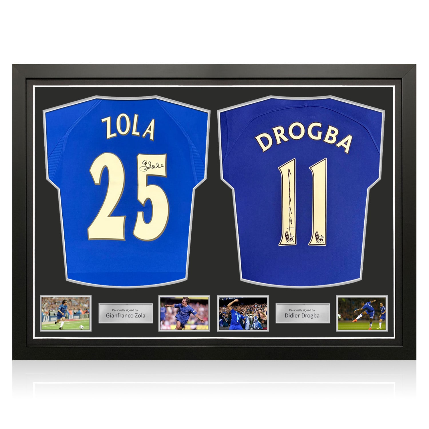 Didier Drogba & Gianfranco Zola Signed Chelsea Football Shirts. Dual Frame