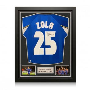 Gianfranco Zola Signed Chelsea 1998 European Cup Football Shirt. Standard Frame