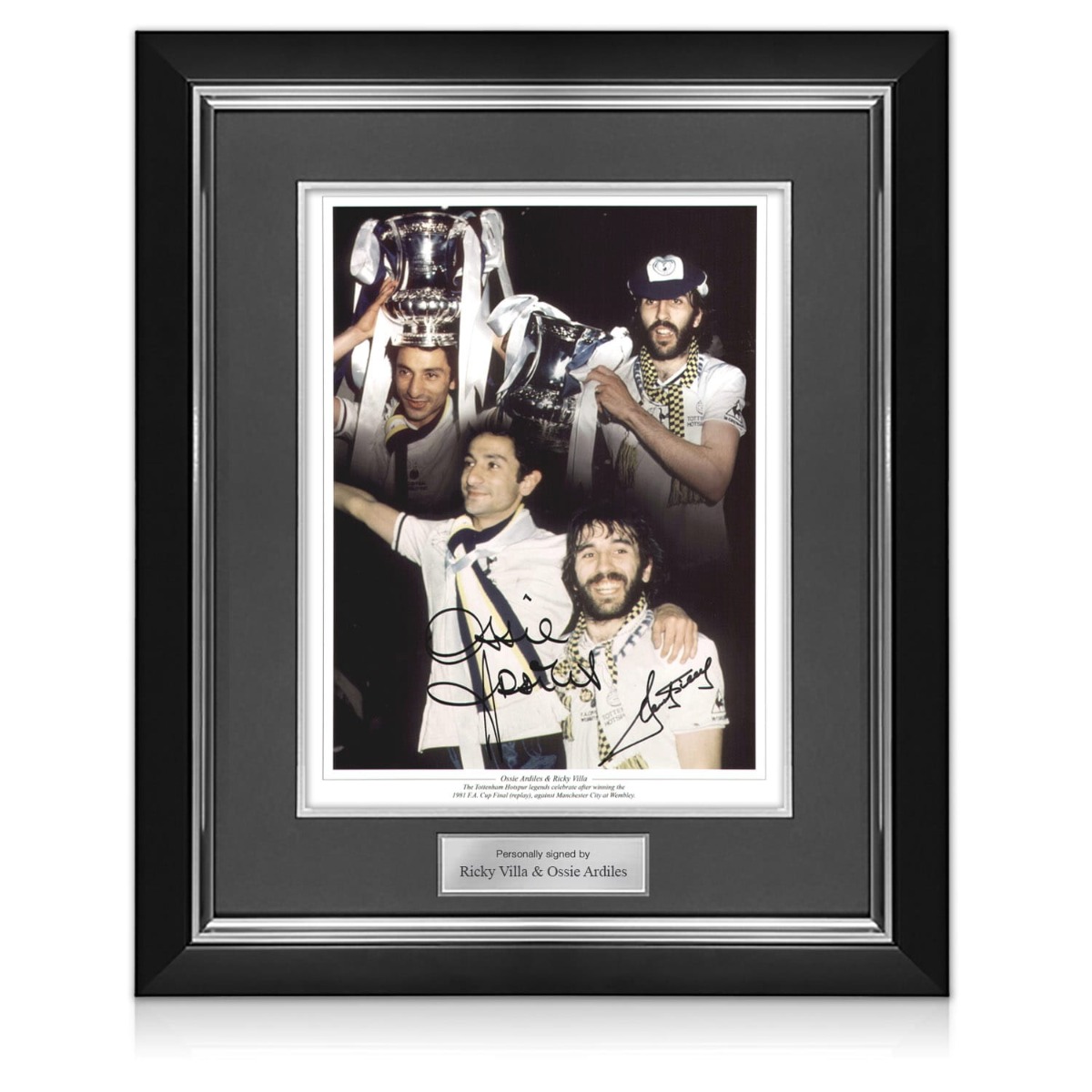 Tottenham Hotspur 1981 FA Cup Final Jersey Signed by Ardiles and Villa In Deluxe Black Frame With Silver Inlay
